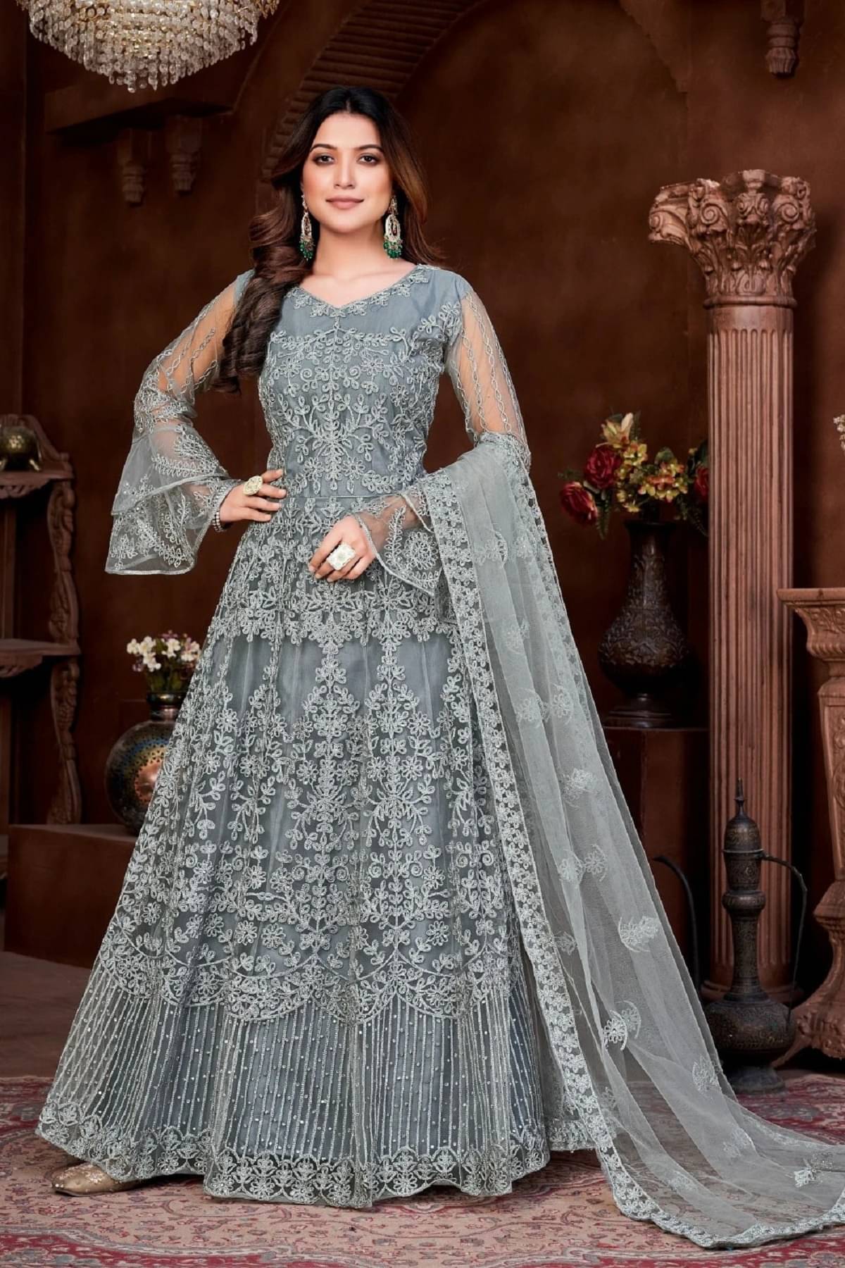 Aika Grey Flared Net Women's Semi Stitched Ethnic Gown ( Pack of 1 ) Aika Grey Flared Net Women's Semi Stitched Ethnic Gown ( Pack of 1 )