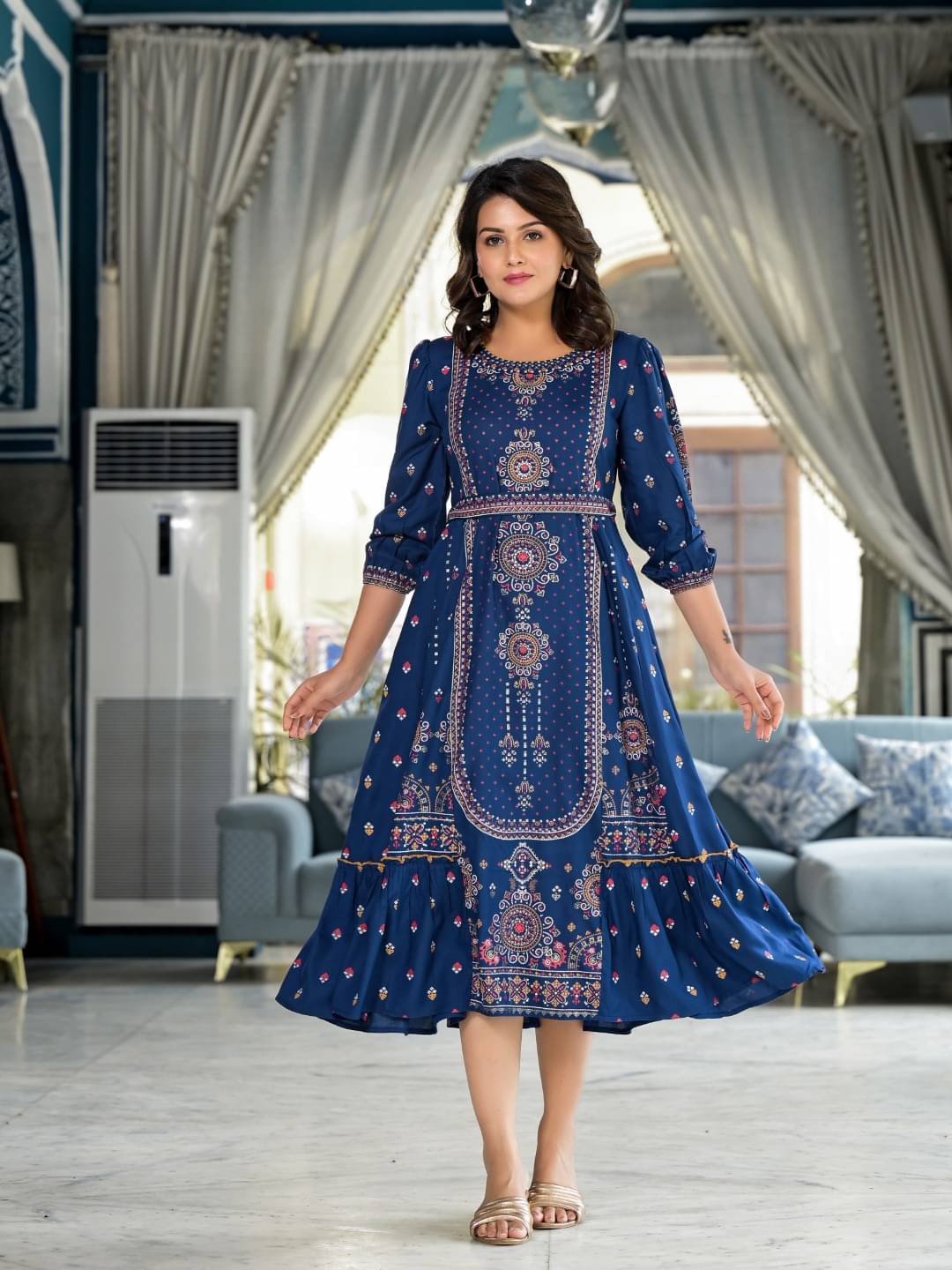 Juniper Rayon Printed Midi Women's Fit & Flare Dress - Blue ( Pack of 1 ) Juniper Rayon Printed Midi Women's Fit & Flare Dress - Blue ( Pack of 1 )