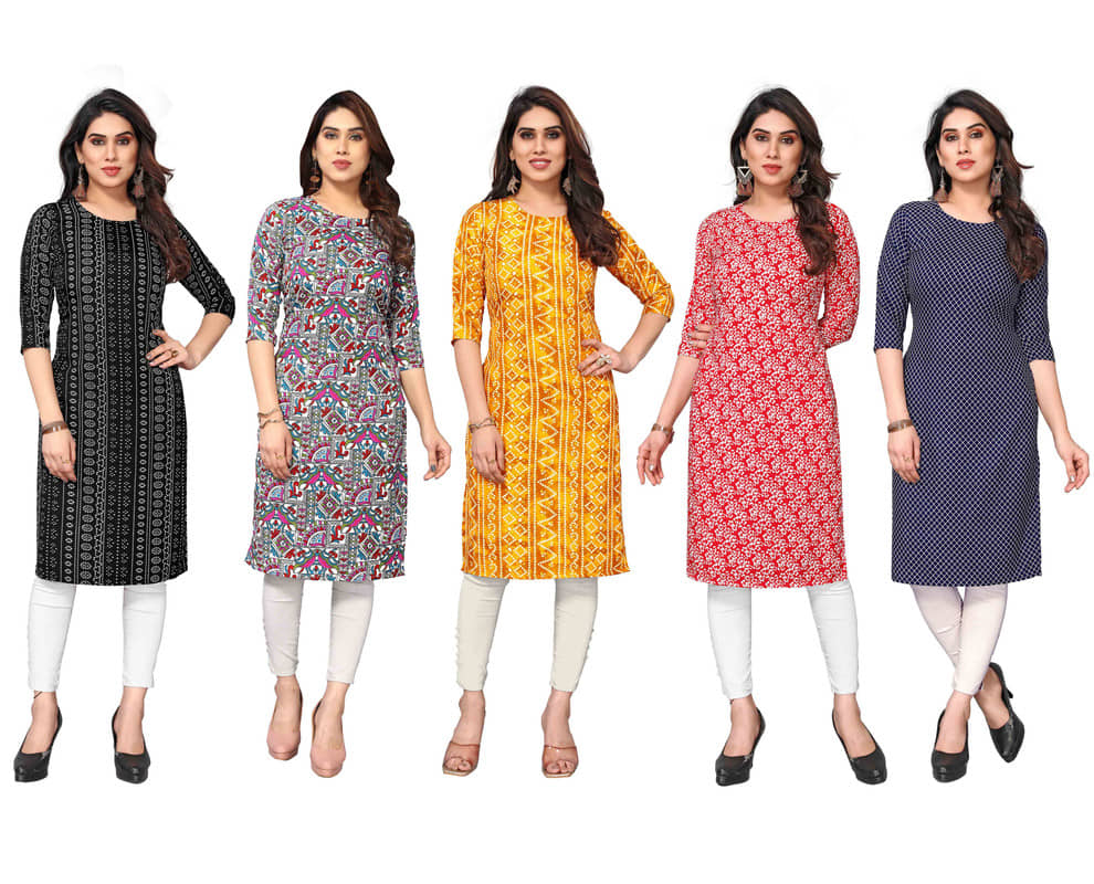 KETAKI FASHION Crepe Printed Straight Women's Kurti - Multicolor7 ( Pack of 5 ) - Kurtis, Tunics | Buy online on ZillyBuy