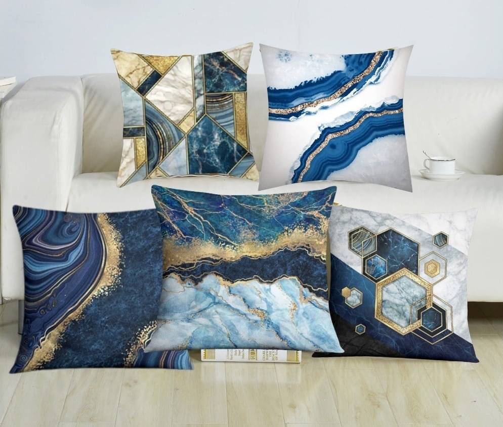     			Laphino Set of 5 Jute Graphic Square Cushion Cover (40X40)cm - Blue