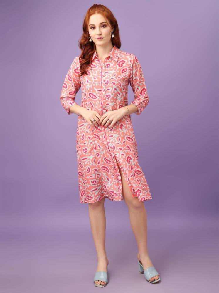 Amarasha Women Cotton Blend Printed Shirt Dress ( Peach )     			Amarasha Women Cotton Blend Printed Shirt Dress ( Peach )