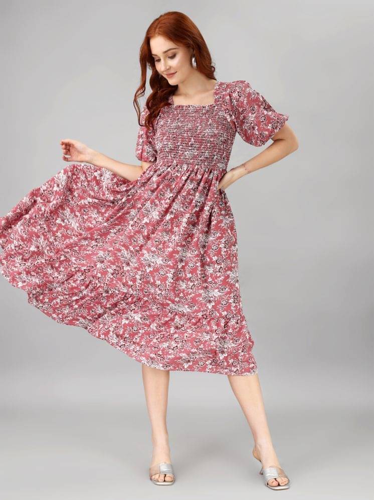 Femvy Women Polyester Printed Fit & Flare Dress ( Pink ) Femvy Women Polyester Printed Fit & Flare Dress ( Pink )