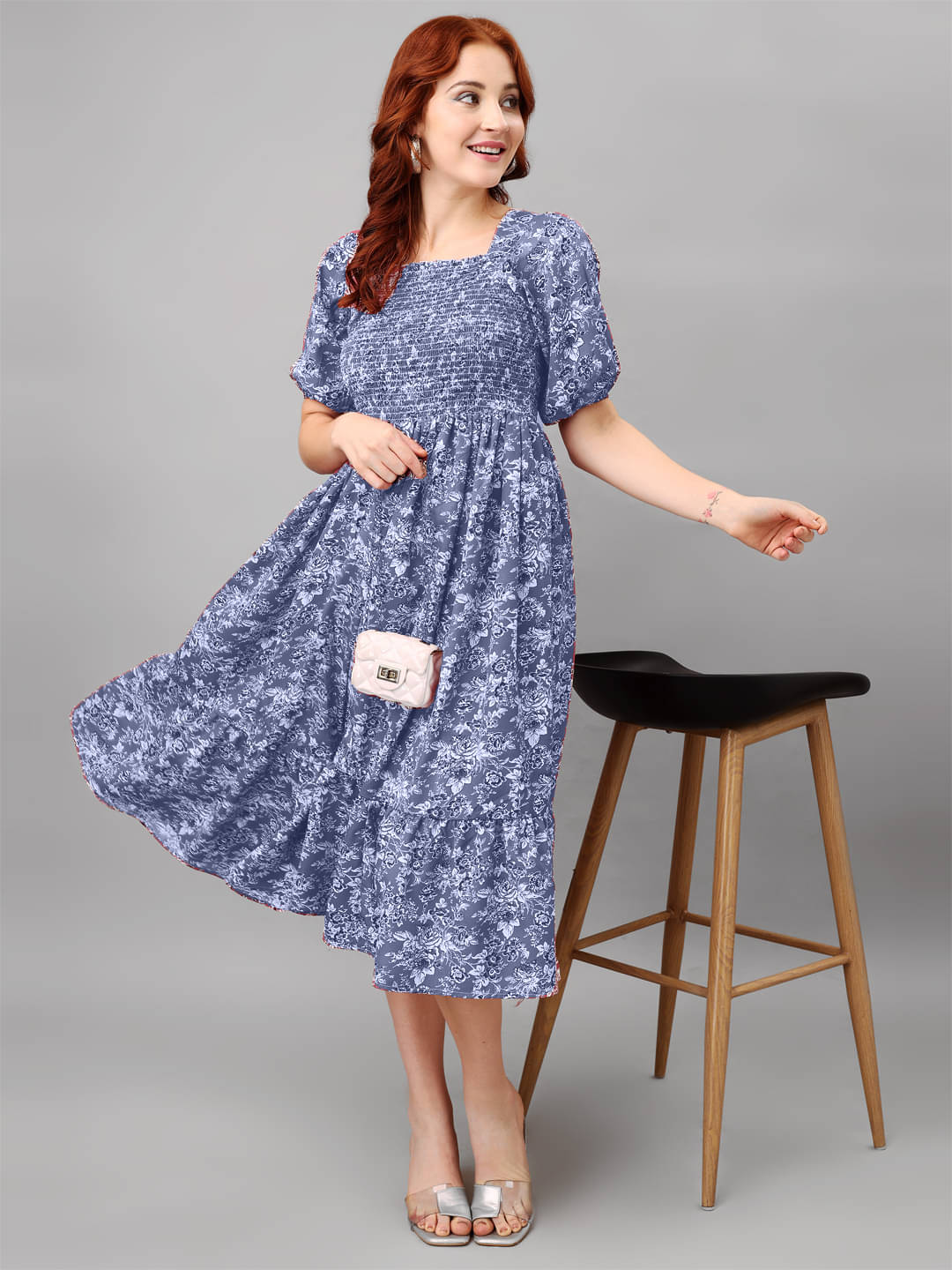 Femvy Women Polyester Printed Fit & Flare Dress ( Blue ) Femvy Women Polyester Printed Fit & Flare Dress ( Blue )