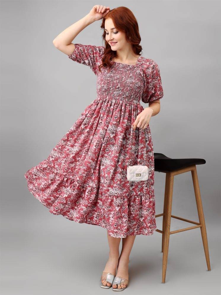 Femvy Women Polyester Printed Fit & Flare Dress ( Pink ) Femvy Women Polyester Printed Fit & Flare Dress ( Pink )