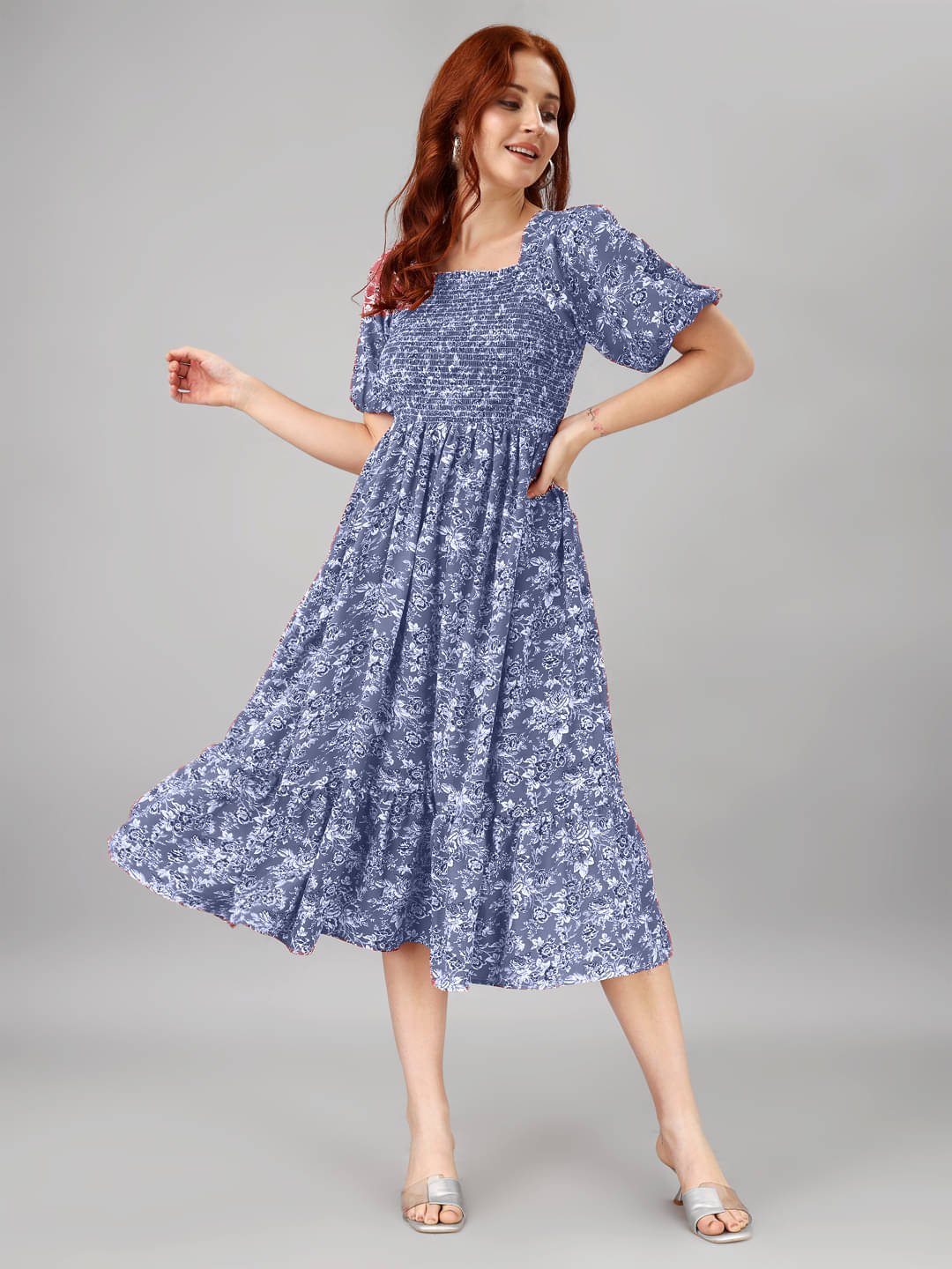 JASH CREATION Polyester Printed Midi Women's Fit & Flare Dress - Blue ( Pack of 1 ) JASH CREATION Polyester Printed Midi Women's Fit & Flare Dress - Blue ( Pack of 1 )