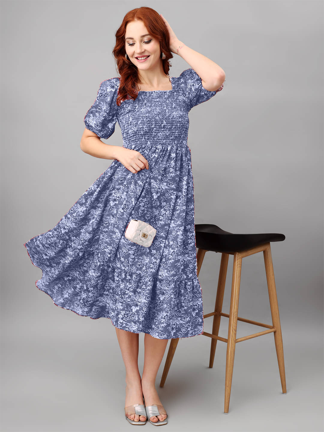 JASH CREATION Polyester Printed Midi Women's Fit & Flare Dress - Blue ( Pack of 1 ) JASH CREATION Polyester Printed Midi Women's Fit & Flare Dress - Blue ( Pack of 1 )