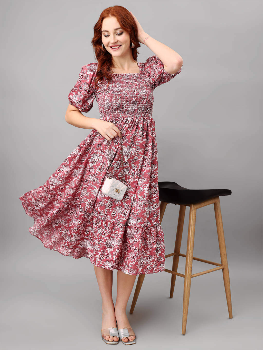 JASH CREATION Polyester Printed Midi Women's Fit & Flare Dress - Pink ( Pack of 1 ) JASH CREATION Polyester Printed Midi Women's Fit & Flare Dress - Pink ( Pack of 1 )