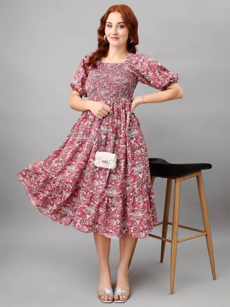 JASH CREATION Women Polyester Printed Fit & Flare Dress ( Pink ) JASH CREATION Women Polyester Printed Fit & Flare Dress ( Pink )