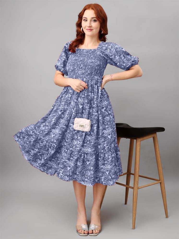 JASH CREATION Polyester Printed Midi Women's Fit & Flare Dress - Blue ( Pack of 1 ) JASH CREATION Polyester Printed Midi Women's Fit & Flare Dress - Blue ( Pack of 1 )