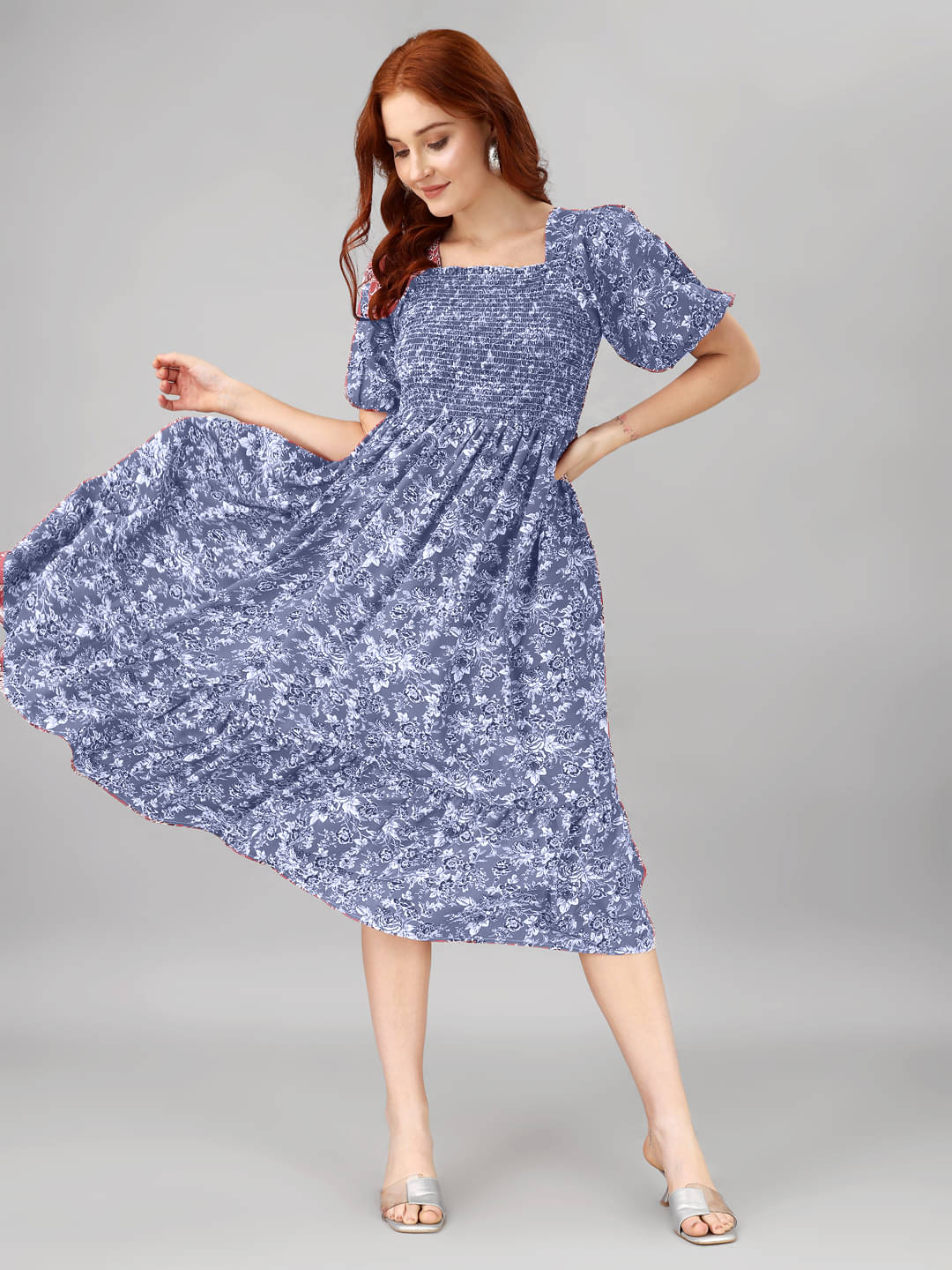 JASH CREATION Polyester Printed Midi Women's Fit & Flare Dress - Blue ( Pack of 1 ) JASH CREATION Polyester Printed Midi Women's Fit & Flare Dress - Blue ( Pack of 1 )