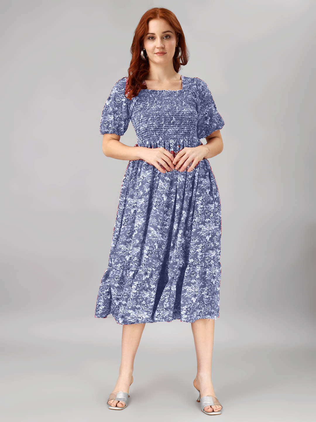 JASH CREATION Polyester Printed Midi Women's Fit & Flare Dress - Blue ( Pack of 1 ) JASH CREATION Polyester Printed Midi Women's Fit & Flare Dress - Blue ( Pack of 1 )