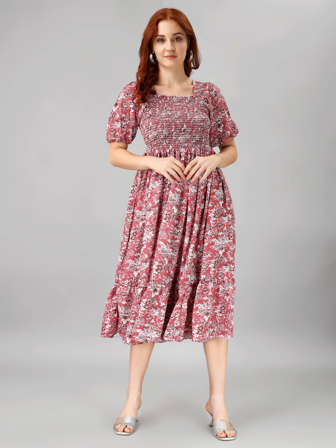 JASH CREATION Polyester Printed Midi Women's Fit & Flare Dress - Pink ( Pack of 1 ) JASH CREATION Polyester Printed Midi Women's Fit & Flare Dress - Pink ( Pack of 1 )