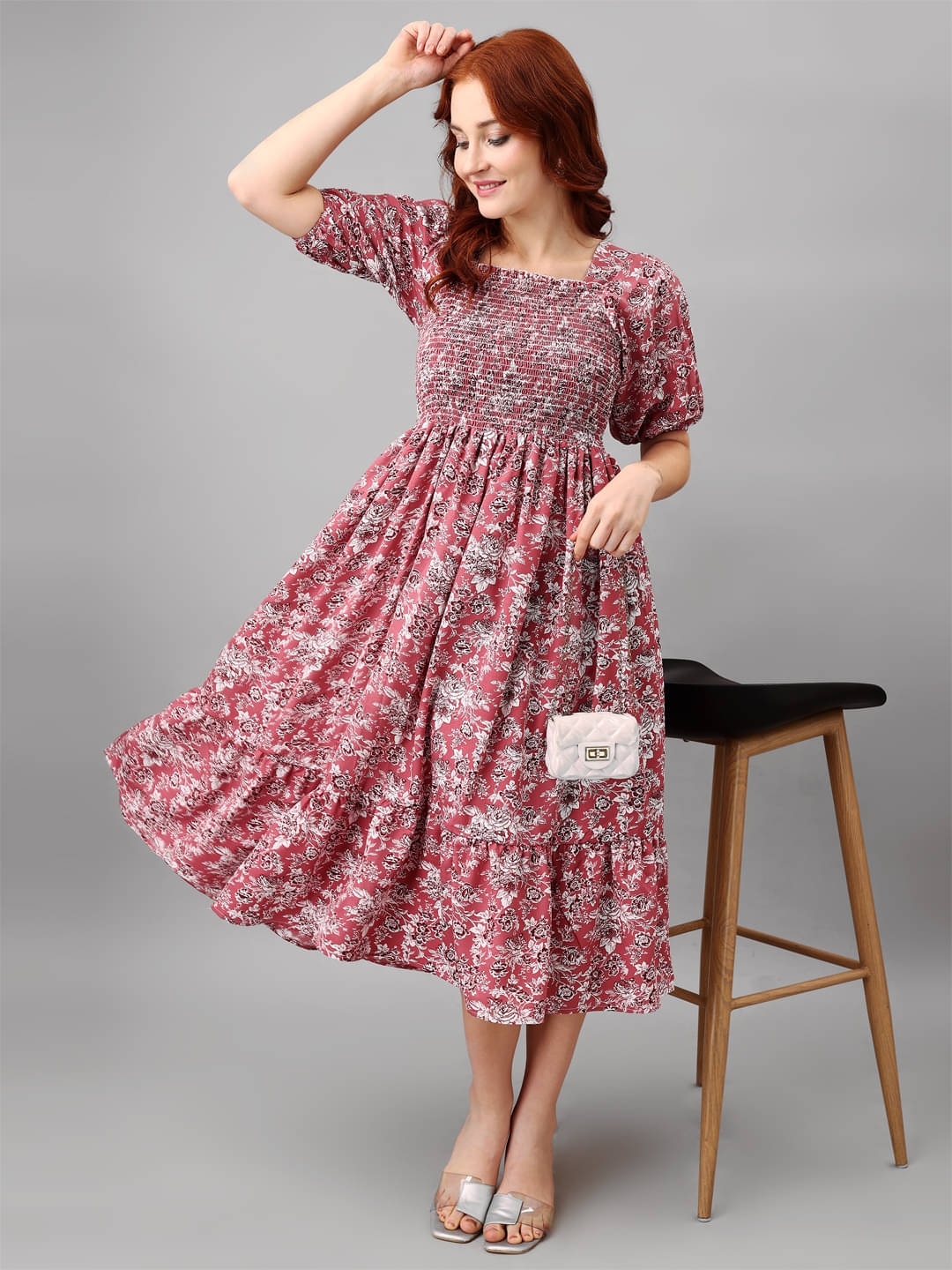 JASH CREATION Polyester Printed Midi Women's Fit & Flare Dress - Pink ( Pack of 1 ) JASH CREATION Polyester Printed Midi Women's Fit & Flare Dress - Pink ( Pack of 1 )