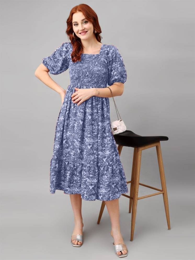 JASH CREATION Women Polyester Printed Fit & Flare Dress ( Blue ) JASH CREATION Women Polyester Printed Fit & Flare Dress ( Blue )