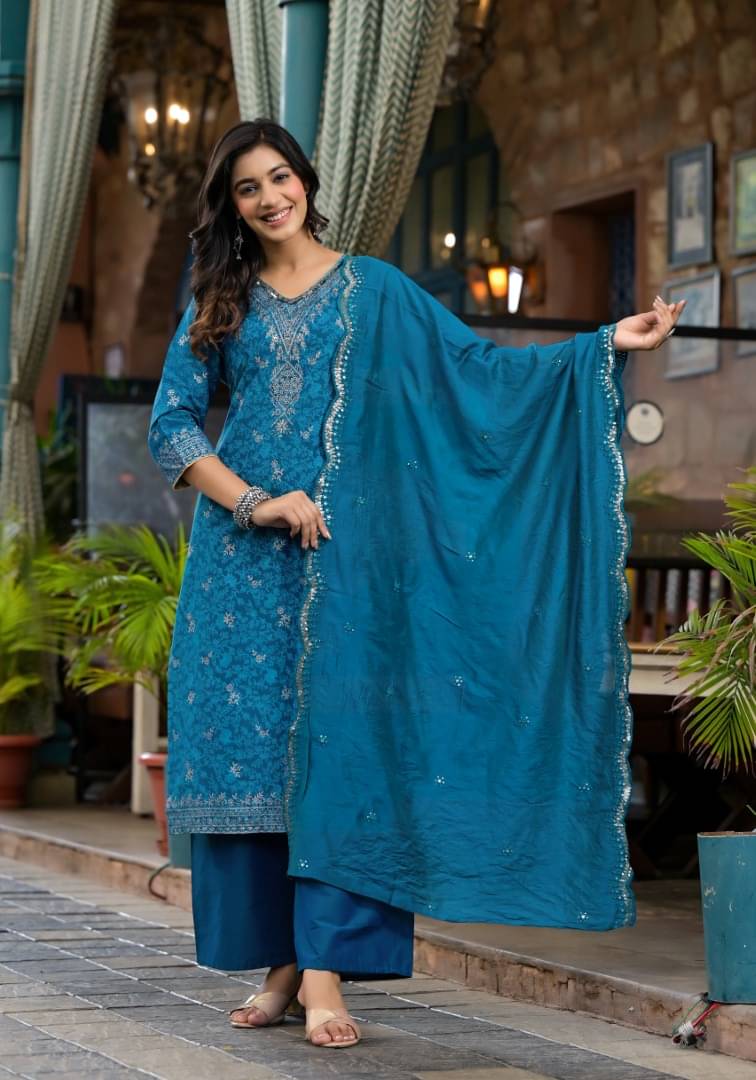 Juniper Cotton Blend Embellished Kurti With Pants Women's Stitched Salwar Suit - Blue ( Pack of 1 ) Juniper Cotton Blend Embellished Kurti With Pants Women's Stitched Salwar Suit - Blue ( Pack of 1 )