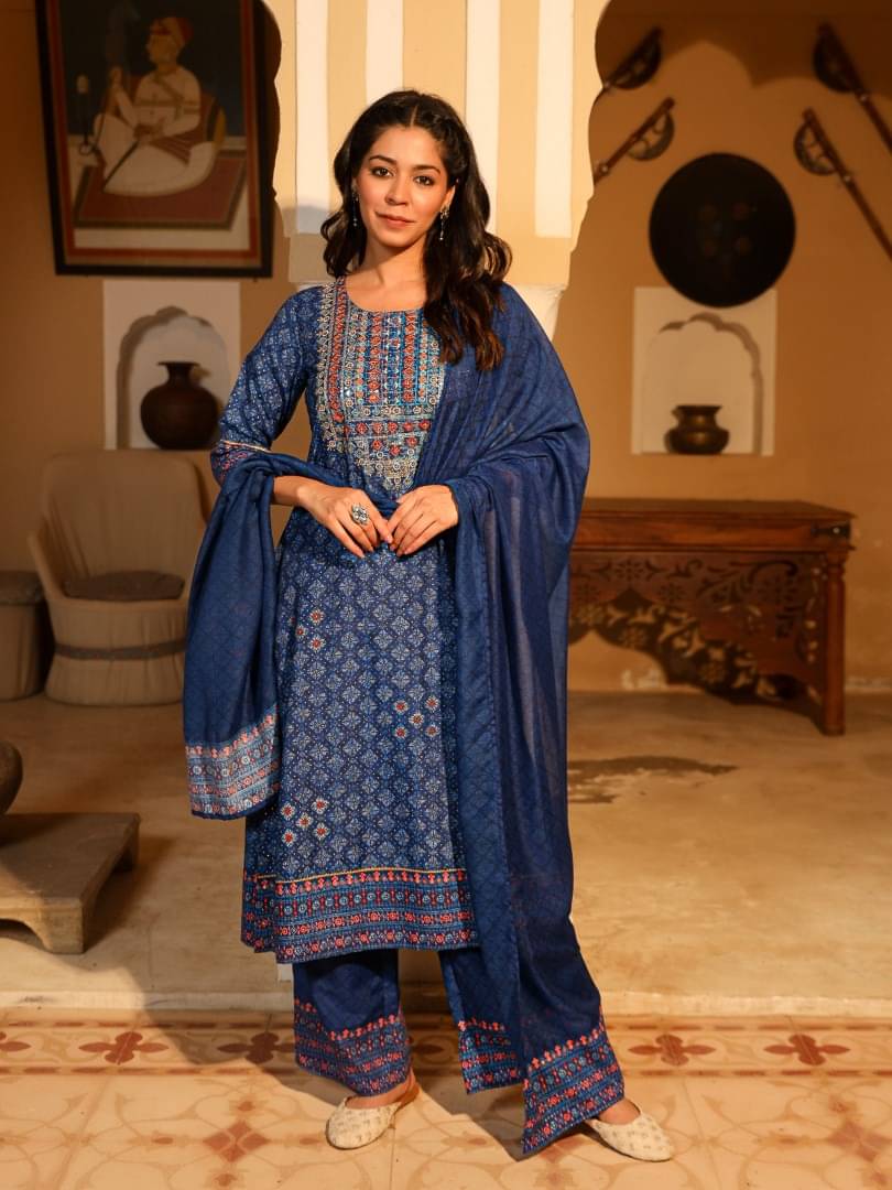     			Juniper Cotton Blend Printed Kurti With Palazzo Women's Stitched Salwar Suit - Blue ( Pack of 1 )