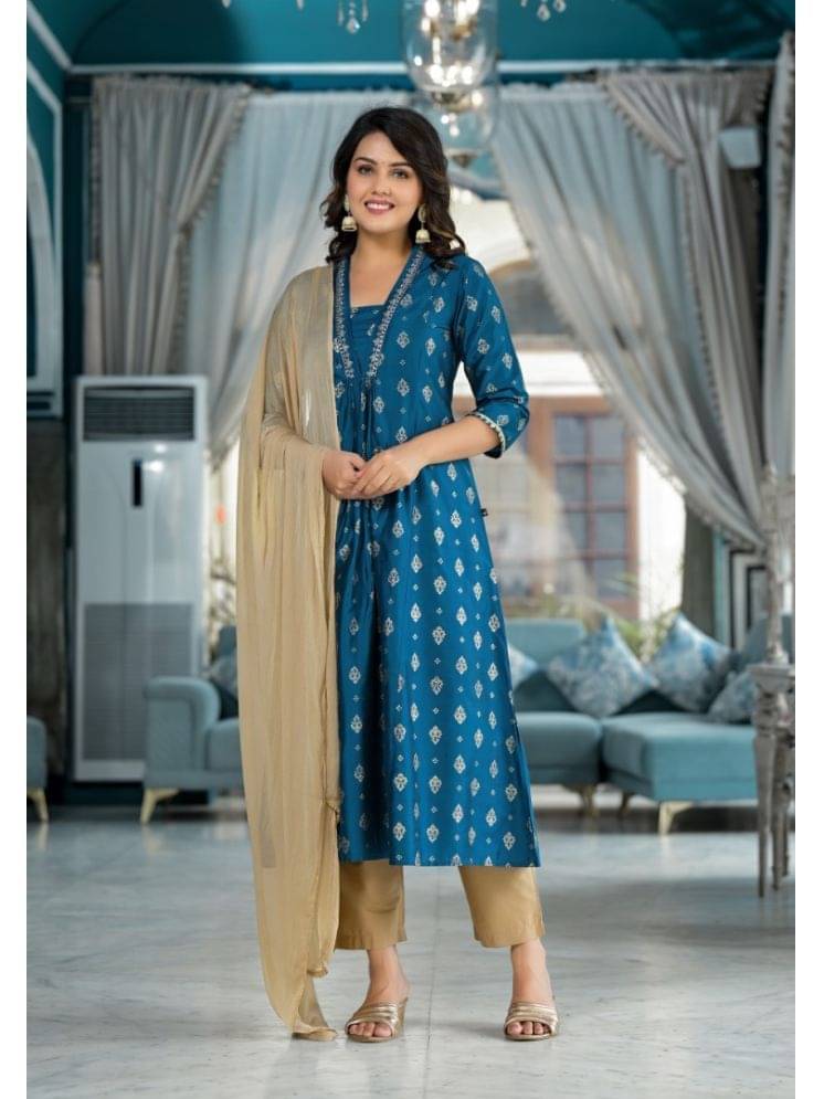 Juniper Cotton Blend Printed Kurti With Pants Women's Stitched Salwar Suit - Blue ( Pack of 1 )     			Juniper Cotton Blend Printed Kurti With Pants Women's Stitched Salwar Suit - Blue ( Pack of 1 )