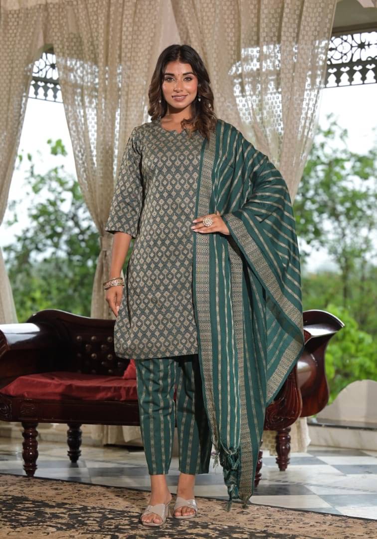     			Juniper Cotton Printed Kurti With Pants Women's Stitched Salwar Suit - Green ( Pack of 1 )