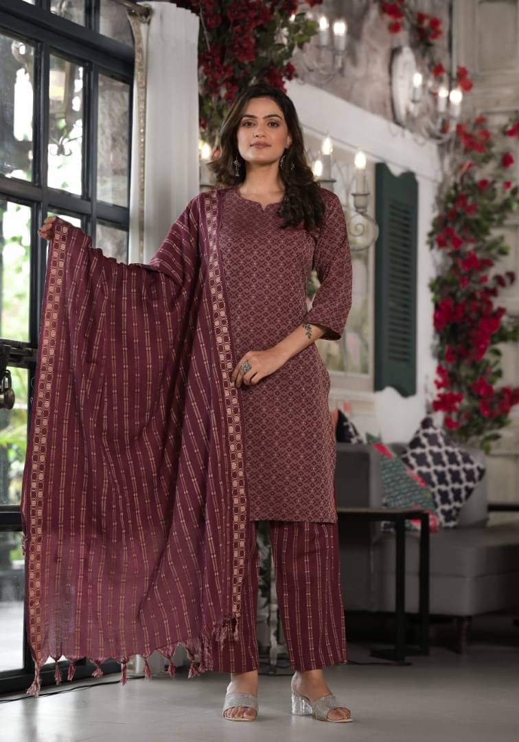     			Juniper Cotton Printed Kurti With Pants Women's Stitched Salwar Suit - Purple ( Pack of 1 )