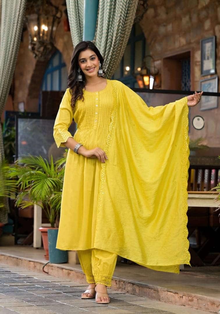     			Juniper Women Rayon Embellished A-line Kurti With Patiala Salwar ( Yellow )