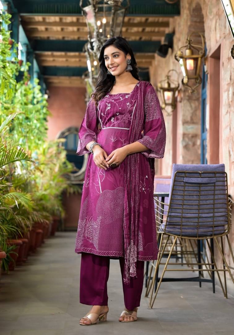     			Juniper Rayon Embroidered Kurti With Palazzo Women's Stitched Salwar Suit - Wine ( Pack of 1 )