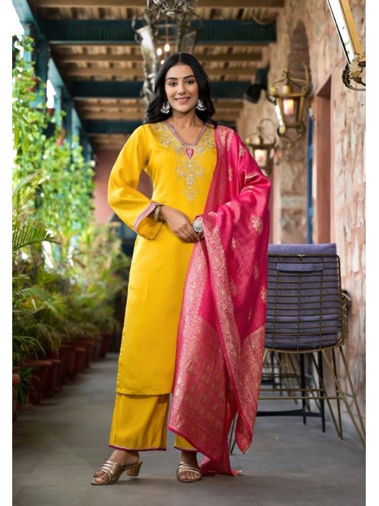 Juniper Viscose Embellished Kurti With Palazzo Women's Stitched Salwar Suit - Mustard ( Pack of 1 ) Juniper Viscose Embellished Kurti With Palazzo Women's Stitched Salwar Suit - Mustard ( Pack of 1 )
