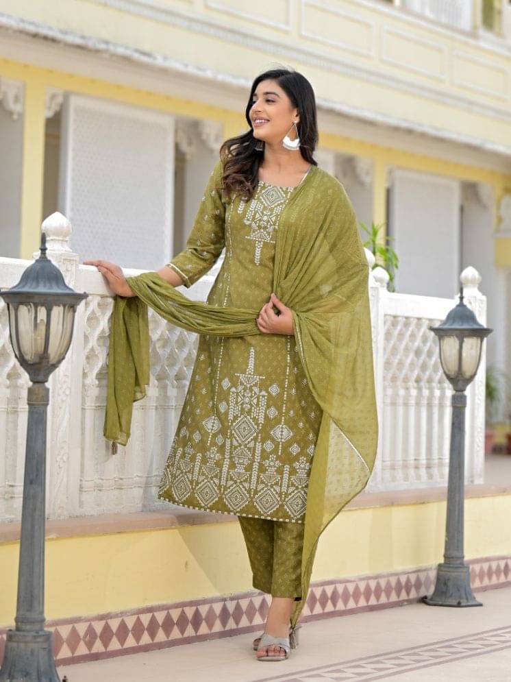     			Juniper Viscose Printed Kurti With Pants Women's Stitched Salwar Suit - Olive ( Pack of 1 )