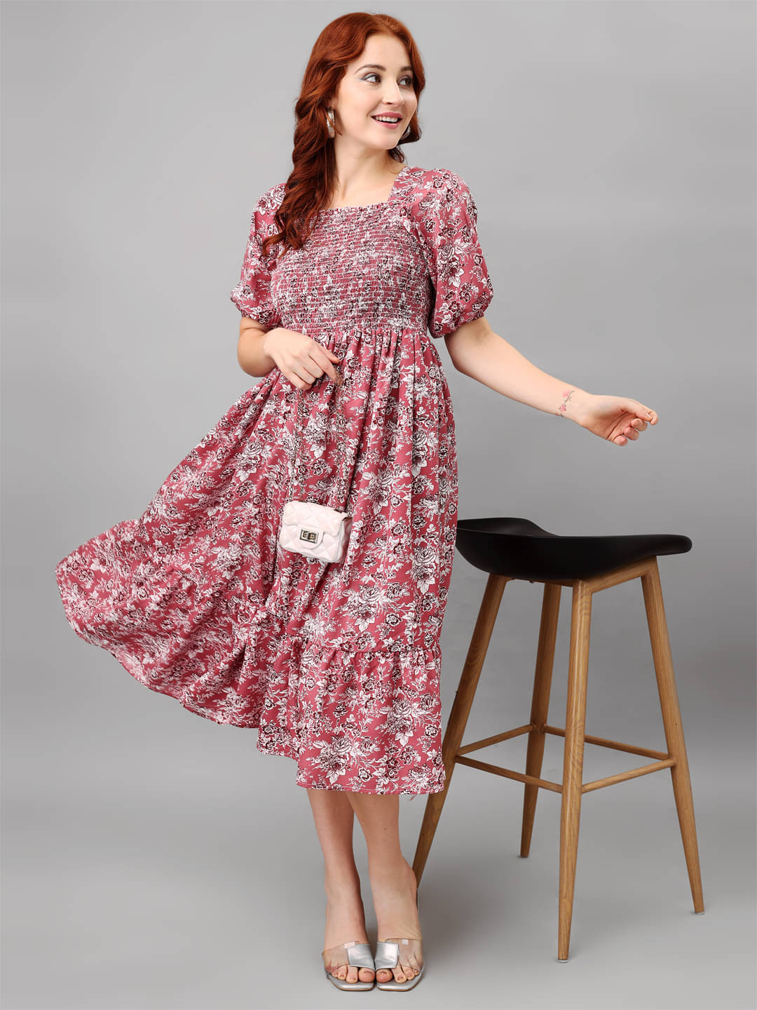     			Krunal Raiyani Women Polyester Printed Fit & Flare Dress ( Pink )