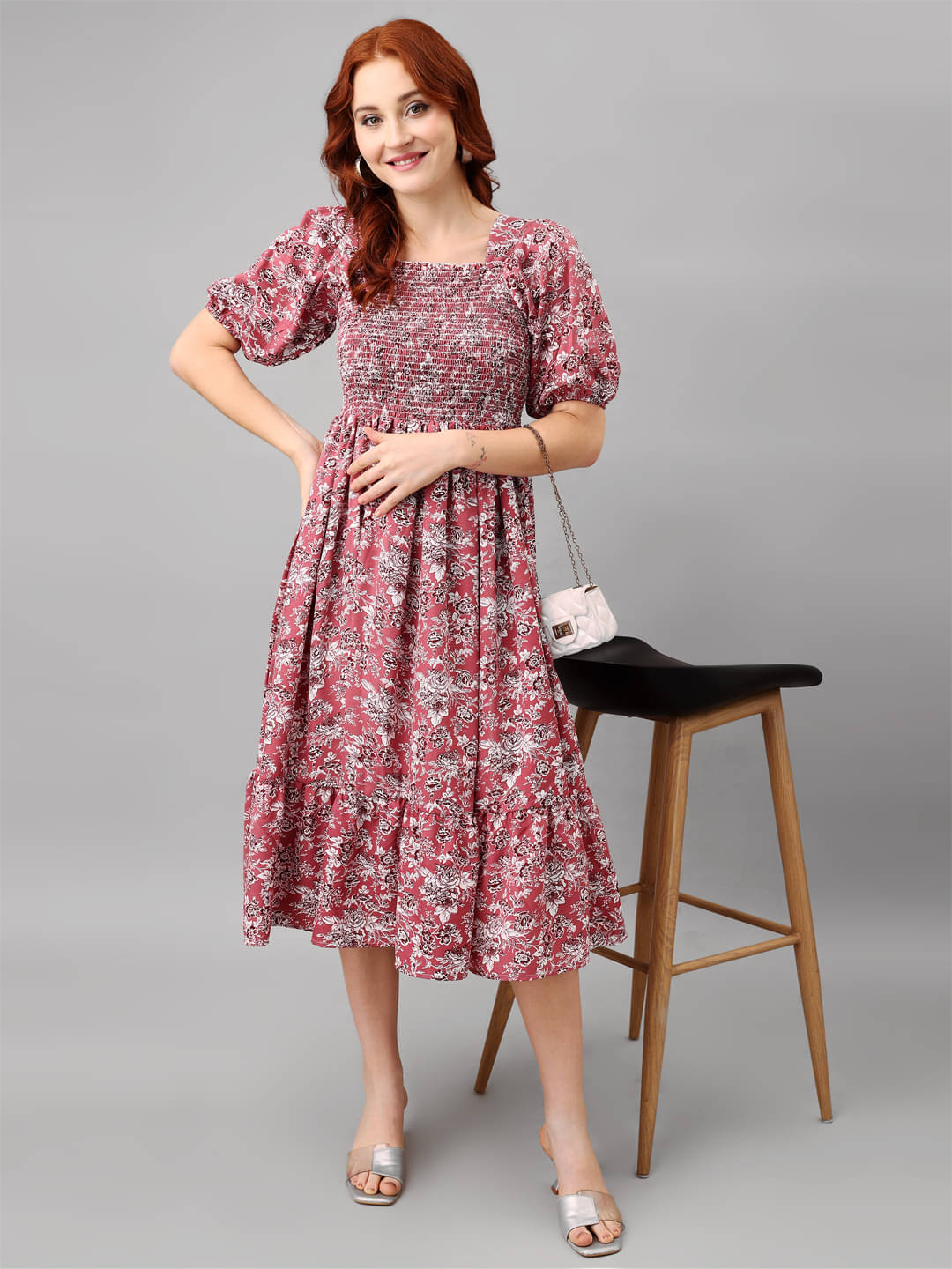     			Krunal Raiyani Women Polyester Printed Fit & Flare Dress ( Pink )