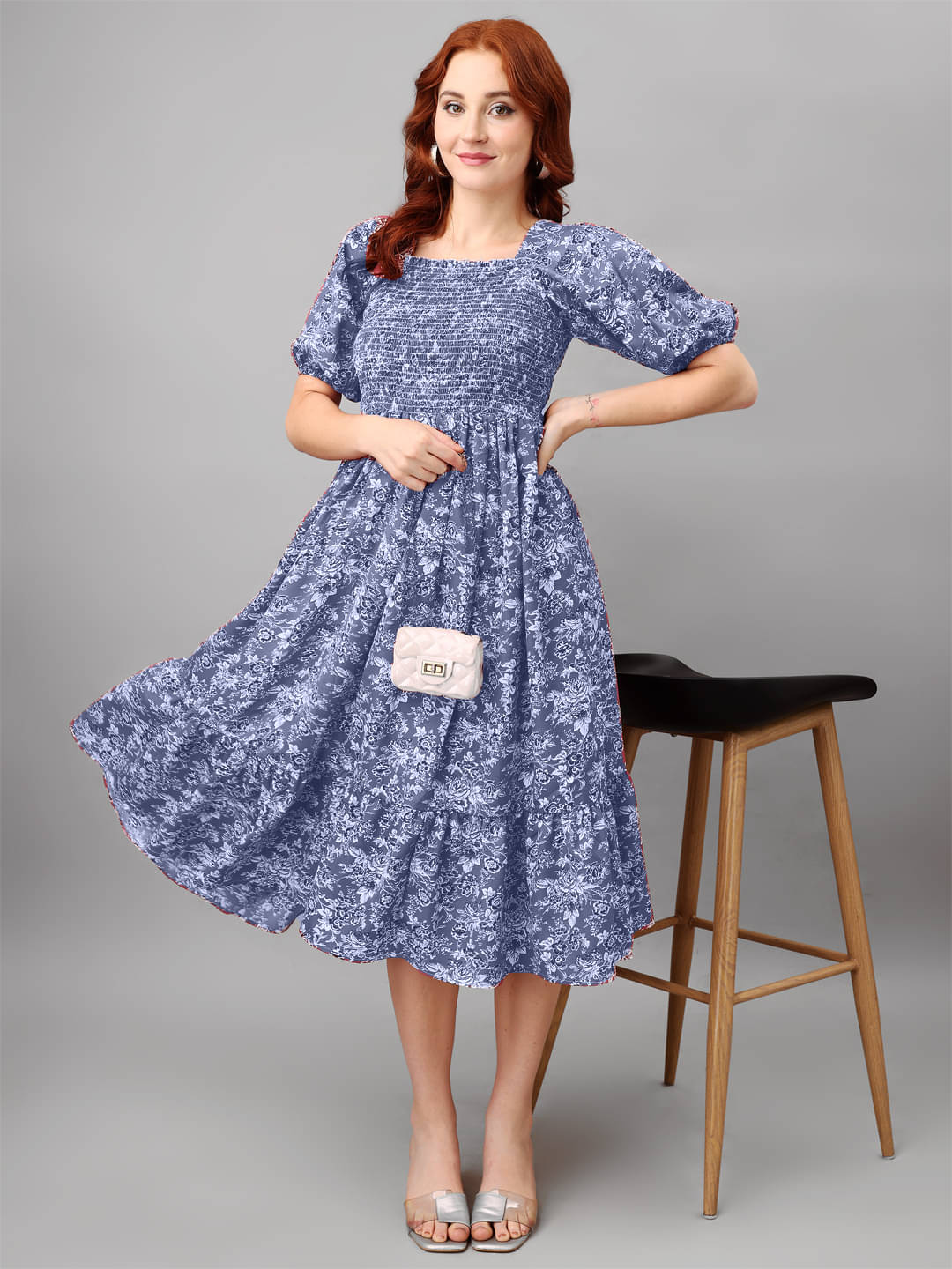     			Krunal Raiyani Women Polyester Printed Fit & Flare Dress ( Blue )