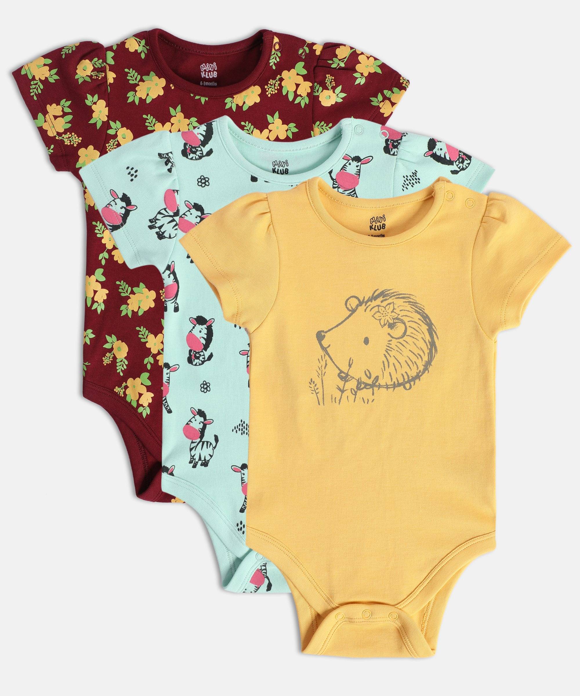 MINI KLUB Pack of 3 Baby Girls Cotton Bodysuit ( Multi Color )     			MINI KLUB Pack of 3 Baby Girls Cotton Bodysuit ( Multi Color )
