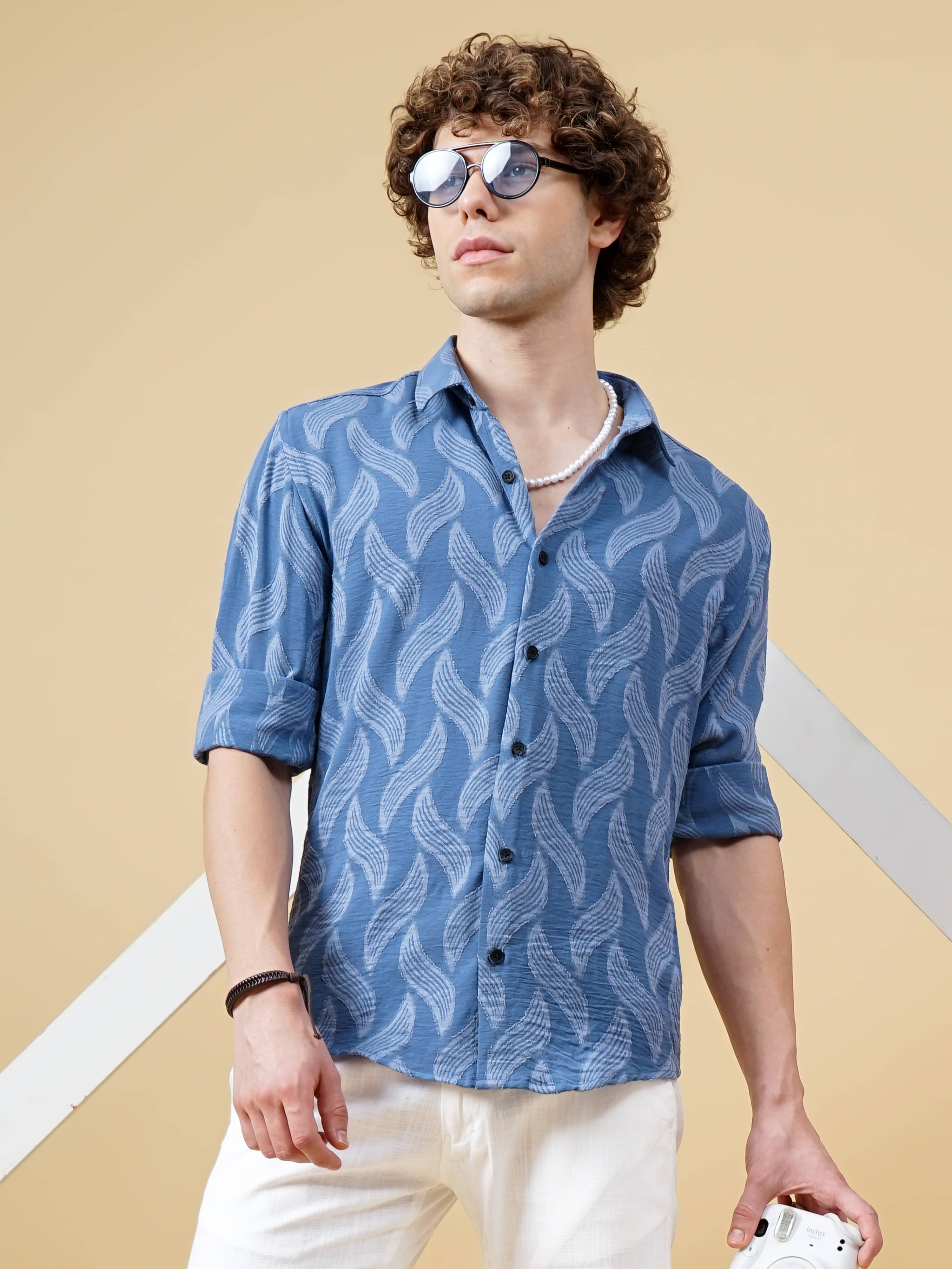 Paul Street Viscose Slim Fit Self Design Rollup Sleeves Men's Casual Shirt - Blue ( Pack of 1 ) Paul Street Viscose Slim Fit Self Design Rollup Sleeves Men's Casual Shirt - Blue ( Pack of 1 )