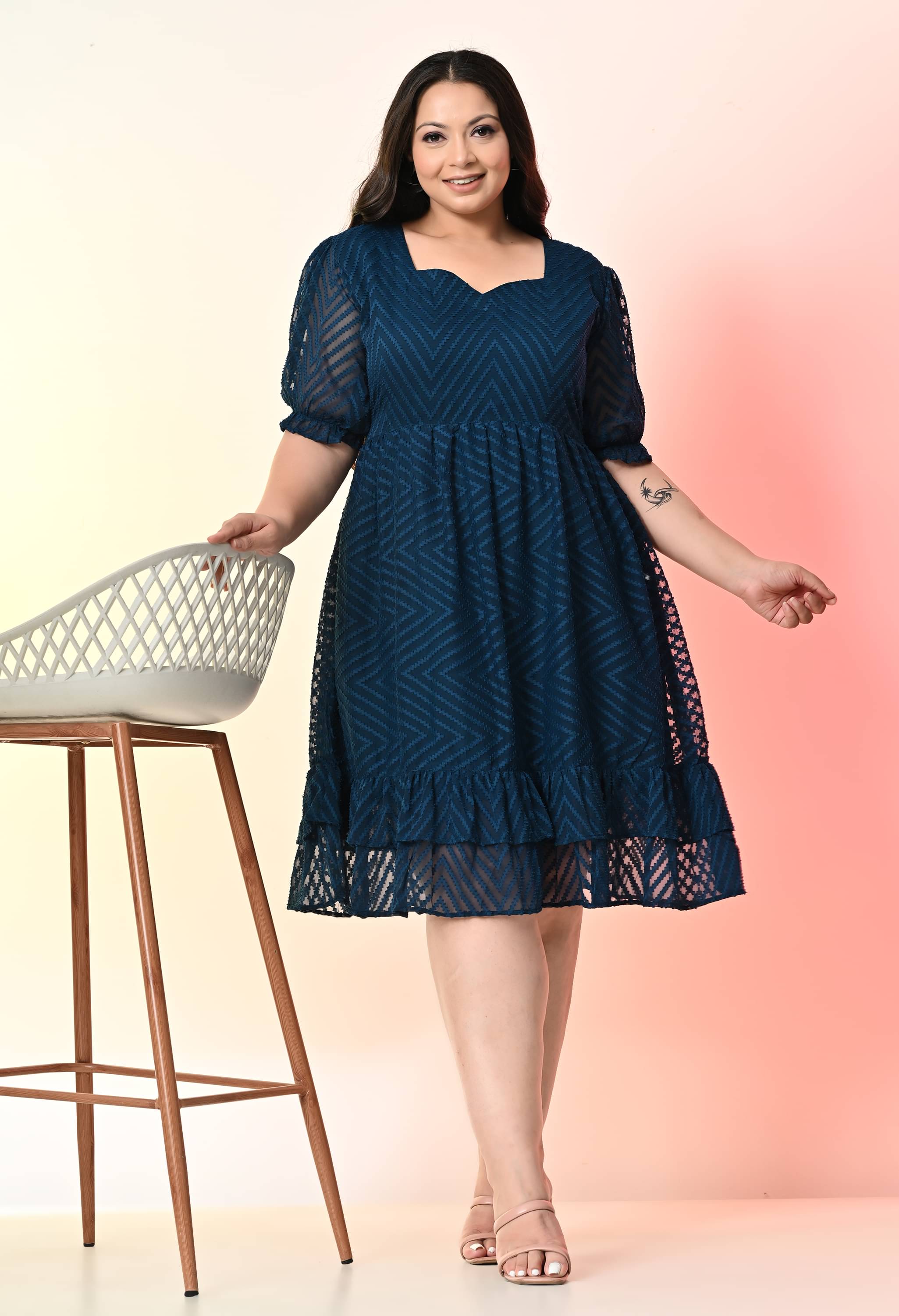 PrettyPlus by Desinoor.com Georgette Self Design Knee Length Women's Fit & Flare Dress - Teal ( Pack of 1 ) PrettyPlus by Desinoor.com Georgette Self Design Knee Length Women's Fit & Flare Dress - Teal ( Pack of 1 )