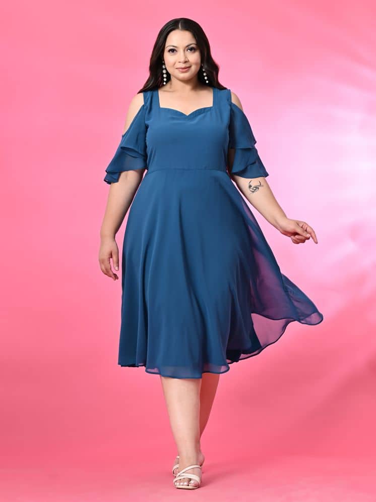 PrettyPlus by Desinoor.com Women Georgette Solid Fit & Flare Dress ( Blue )