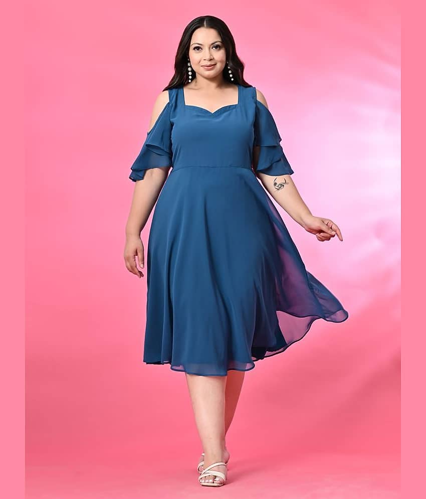 PrettyPlus by Desinoor.com Women Georgette Solid Fit & Flare Dress ( Blue )