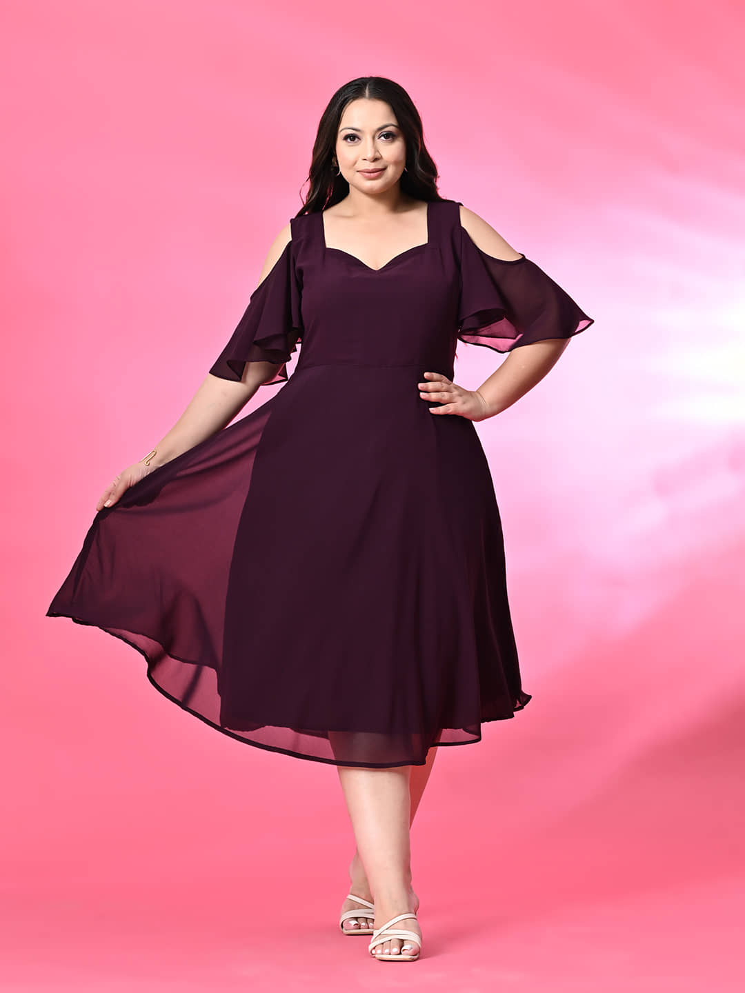 PrettyPlus by Desinoor.com Women Georgette Solid Fit & Flare Dress ( Purple )