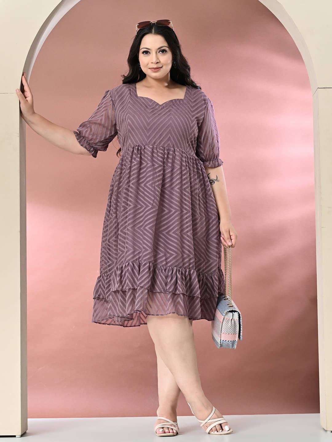 PrettyPlus by Desinoor.com Women Georgette Self Design Fit & Flare Dress ( Lavender )     			PrettyPlus by Desinoor.com Women Georgette Self Design Fit & Flare Dress ( Lavender )