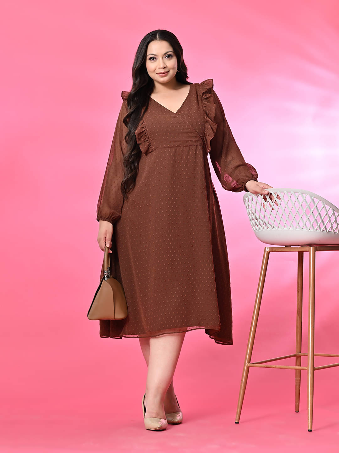 PrettyPlus by Desinoor.com Georgette Self Design Midi Women's Fit & Flare Dress - Brown ( Pack of 1 ) PrettyPlus by Desinoor.com Georgette Self Design Midi Women's Fit & Flare Dress - Brown ( Pack of 1 )