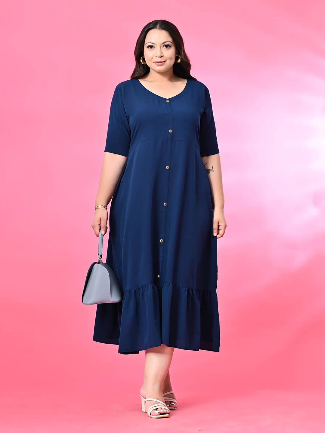 PrettyPlus by Desinoor.com Women Polyester Self Design A-line Dress ( Teal )