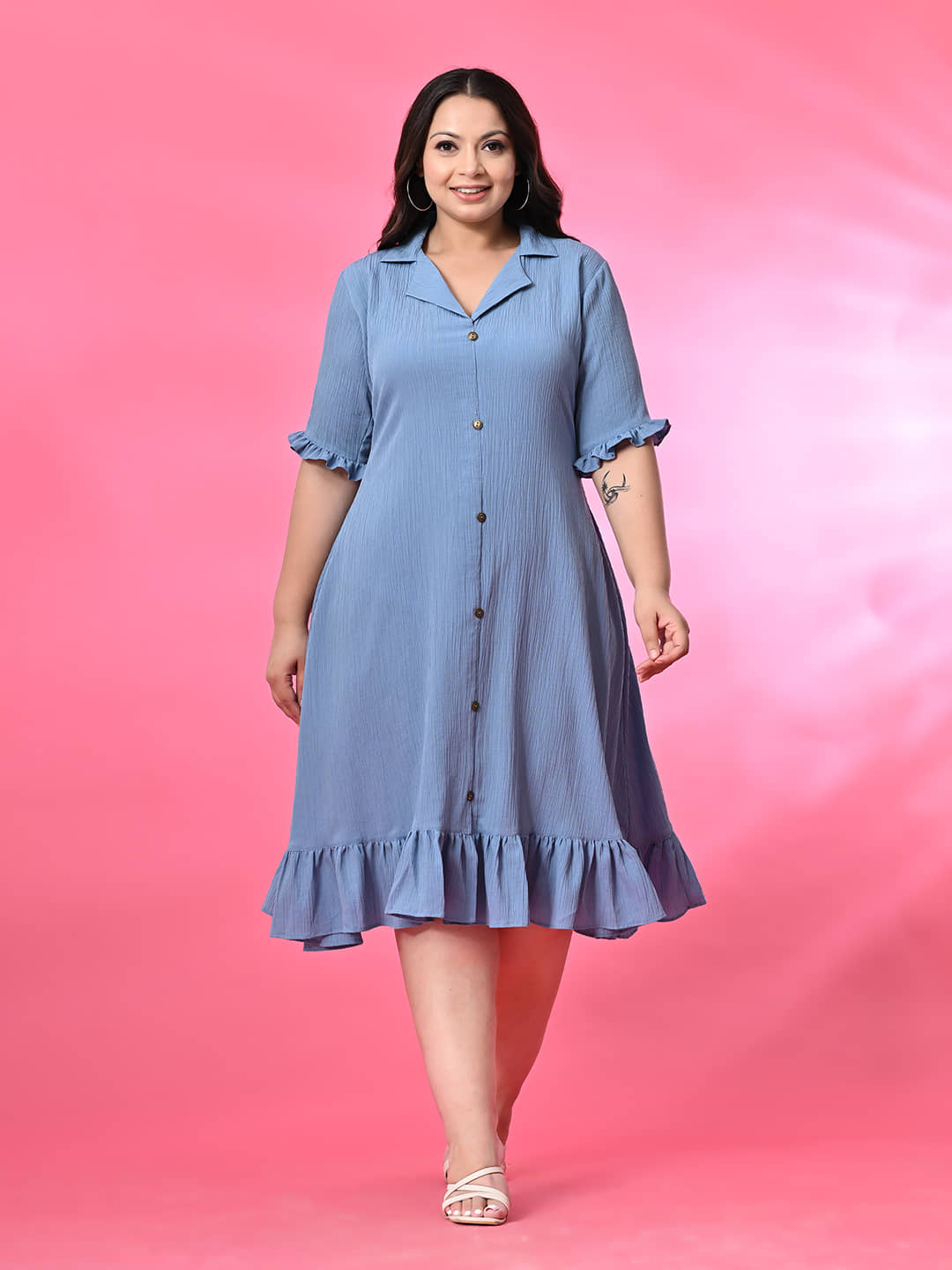 PrettyPlus by Desinoor.com Women Polyester Self Design A-line Dress ( Light Blue )