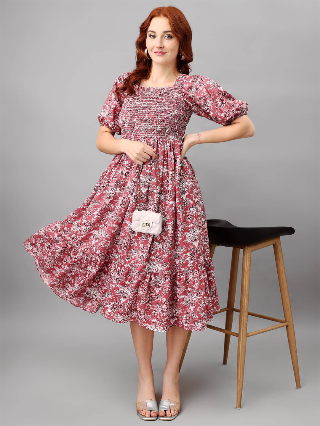 RAIYANI FASHION Women Polyester Printed Fit & Flare Dress ( Pink ) RAIYANI FASHION Women Polyester Printed Fit & Flare Dress ( Pink )