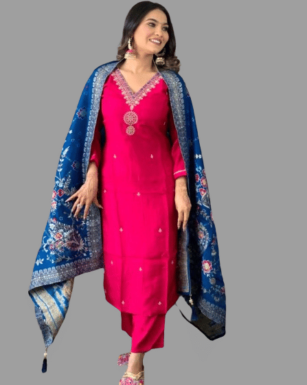     			VARNI VESH Cotton Silk Embroidered Kurti With Pants Women's Stitched Salwar Suit - Pink ( Pack of 1 )