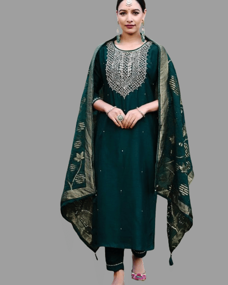     			VARNI VESH Cotton Silk Embroidered Kurti With Pants Women's Stitched Salwar Suit - Green ( Pack of 1 )