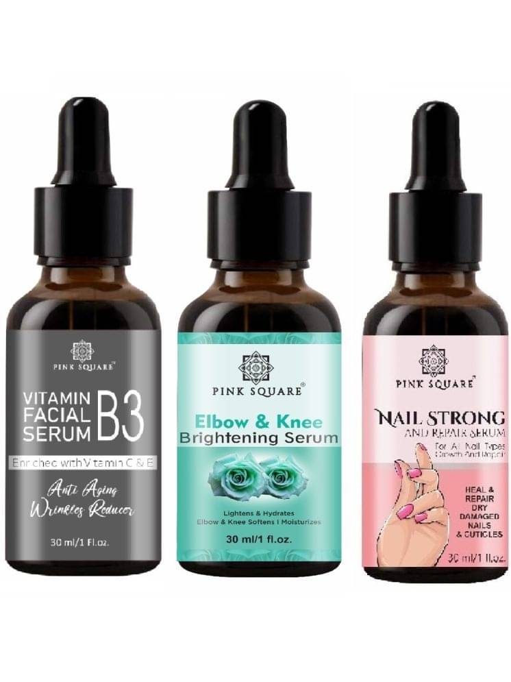 Vitamin B3 Face Serum, Elbow and Knee Whitening Serum & Nail Strong and Repair Serum (Each,30ml) Combo of 3     			Vitamin B3 Face Serum, Elbow and Knee Whitening Serum & Nail Strong and Repair Serum (Each,30ml) Combo of 3