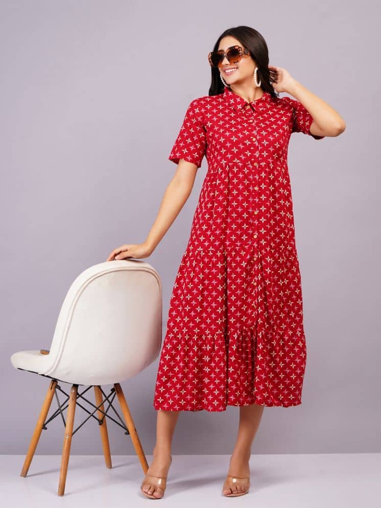 HIGHLIGHT FASHION EXPORT Women Rayon Printed Shirt Dress ( Red )