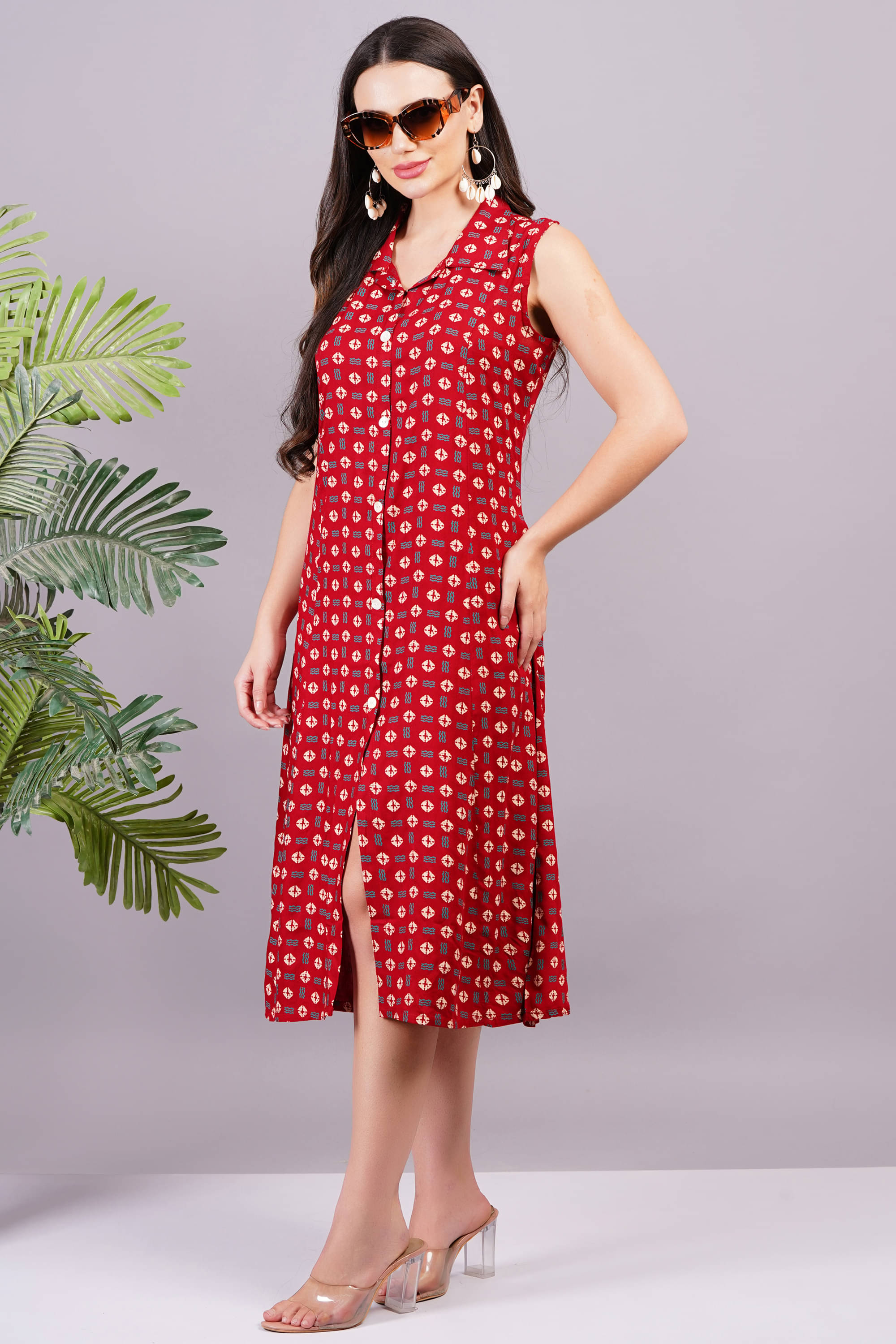     			JC4U Women Rayon Printed Shirt Dress ( Red )