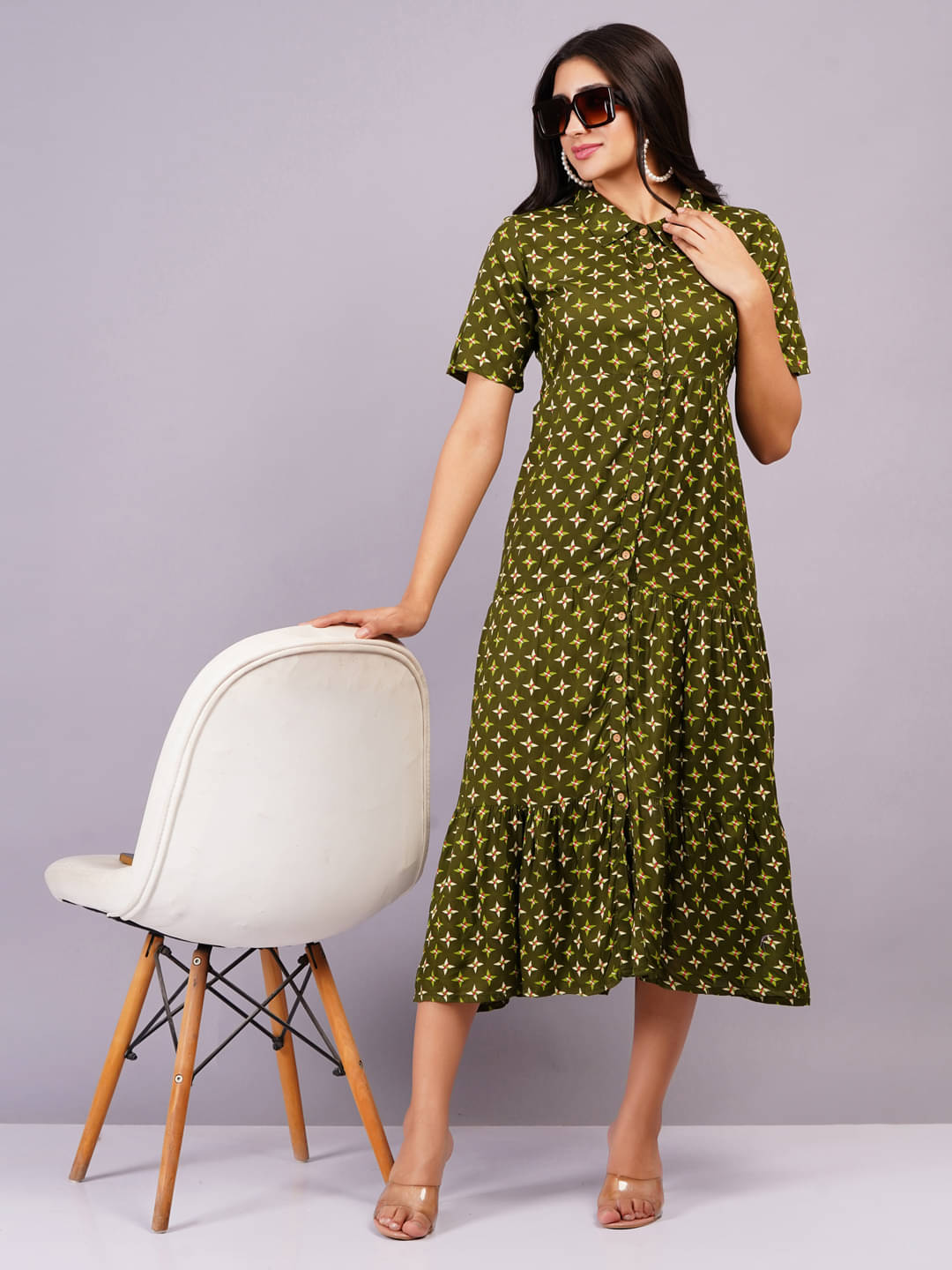 JC4U Women Rayon Printed Shirt Dress ( Green ) JC4U Women Rayon Printed Shirt Dress ( Green )