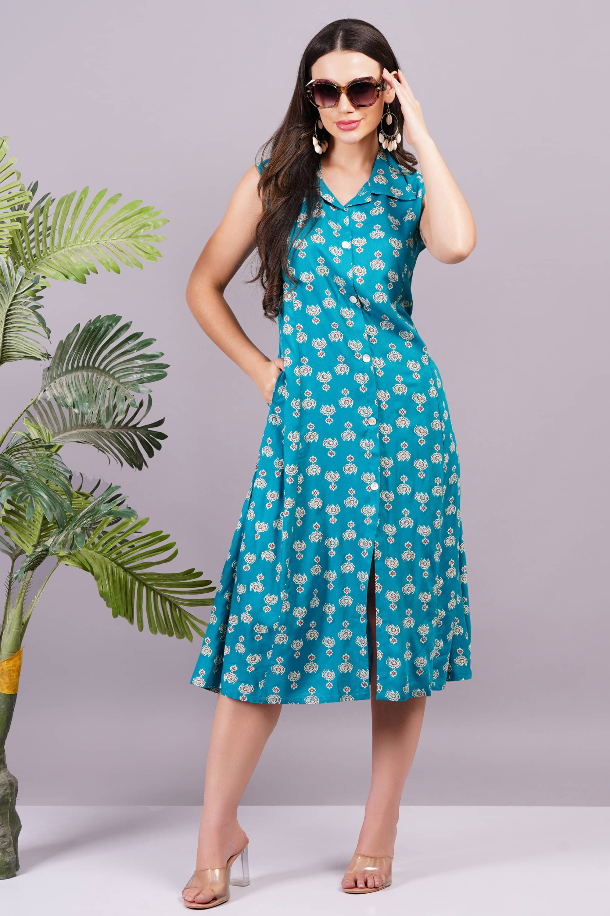     			JC4U Women Rayon Printed Shirt Dress ( Teal )