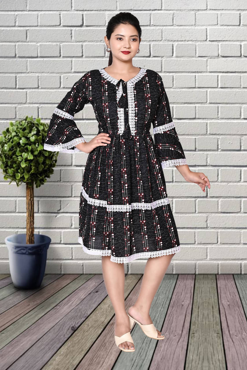 LENYRUIZ- Fashion Rayon Printed Flared Women's Kurti - Black ( Pack of 1 )     			LENYRUIZ- Fashion Rayon Printed Flared Women's Kurti - Black ( Pack of 1 )