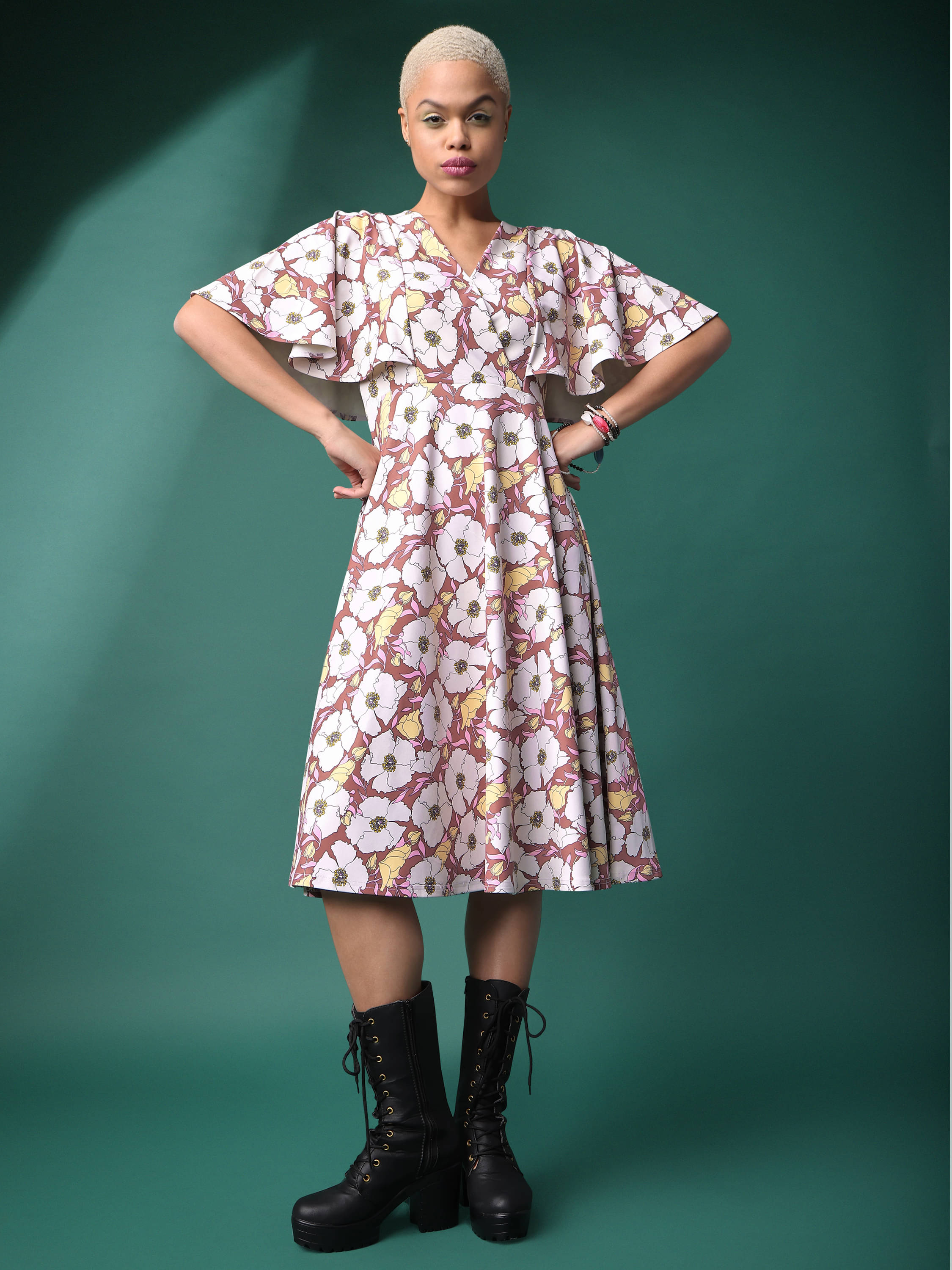     			PURVAJA Women Polyester Printed Fit & Flare Dress ( Brown )
